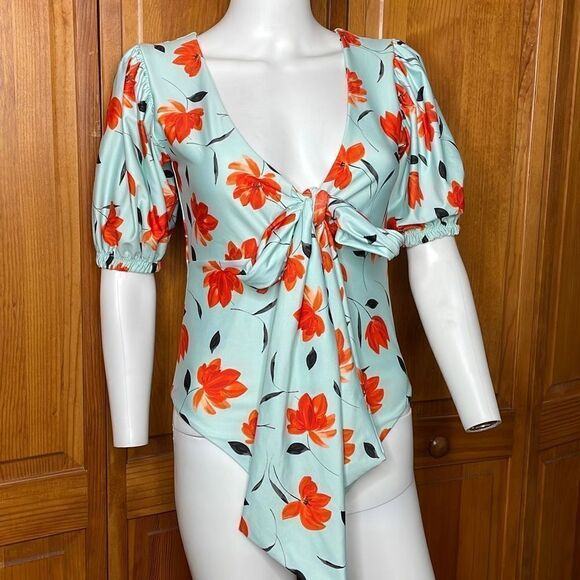 SAME Los Angeles Puff Sleeve Bow tie One Piece Swimsuit size Medium - Picture 1 of 10